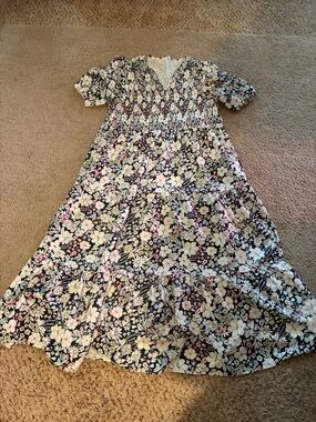 Floral Puff Sleeve Maxi Dress in Navy with Pink & Cream Flowers